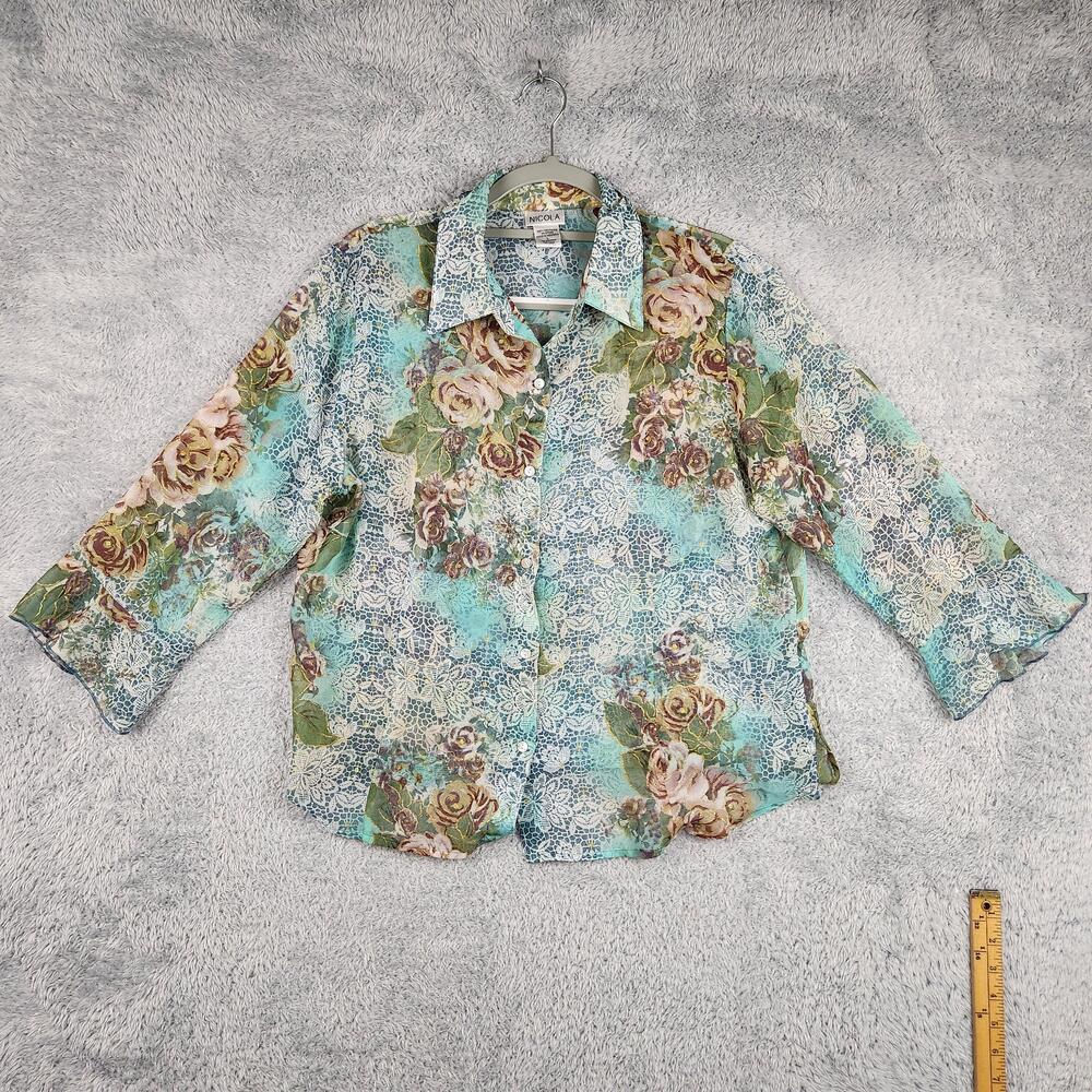 Vintage Nicola Blouse Womens Large Multicolor Floral Sheer Gold Fairy Boho 90s